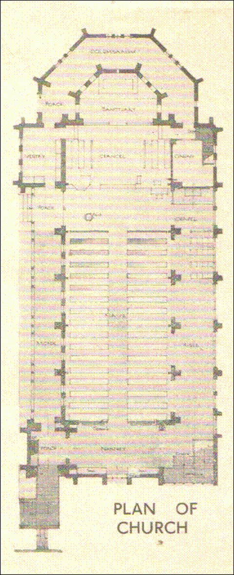 Plan of church with arcade, aisle and chapel, and internal
        stairs to hall